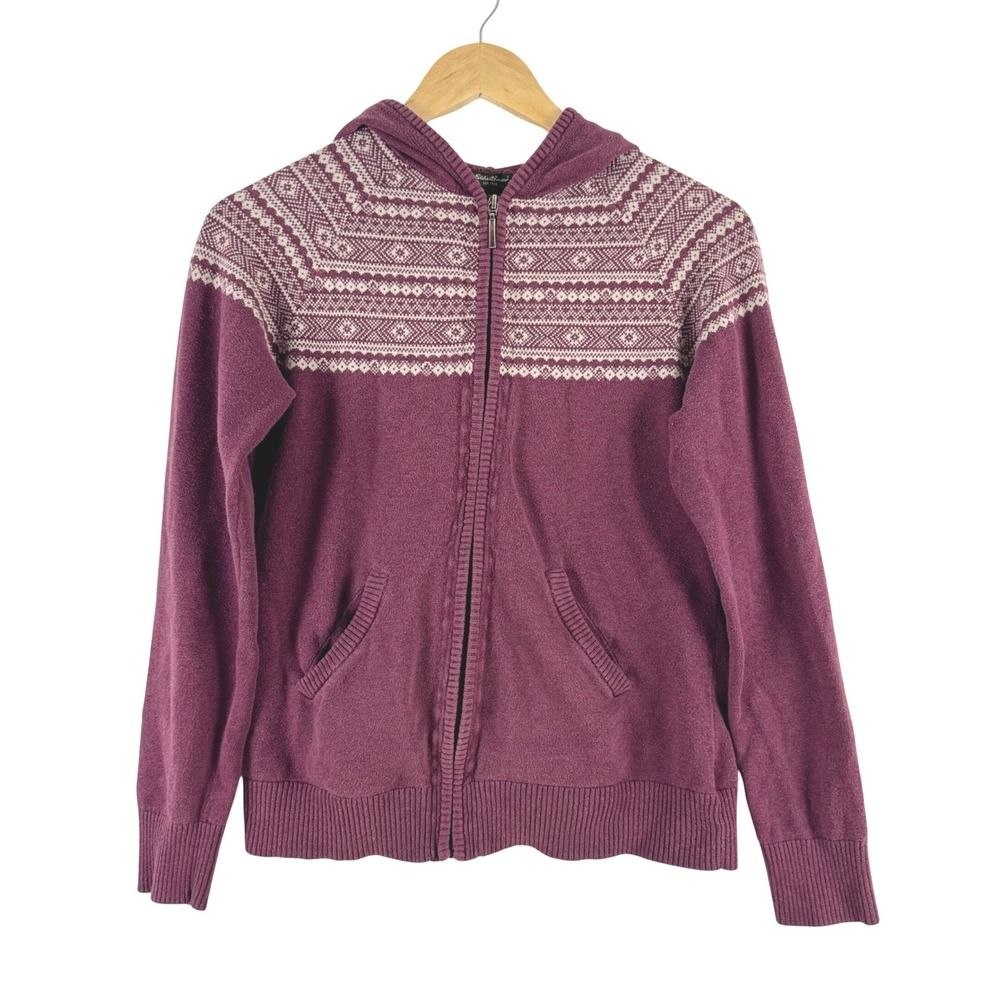 Eddie Bauer Womens Fair Isle Knit Full Zip Hoodie Sweater Size S Burgundy Cotton